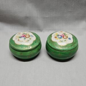 Vintage Hand Painted Floral Round Porcelain Trinket Boxes Occupied Japan